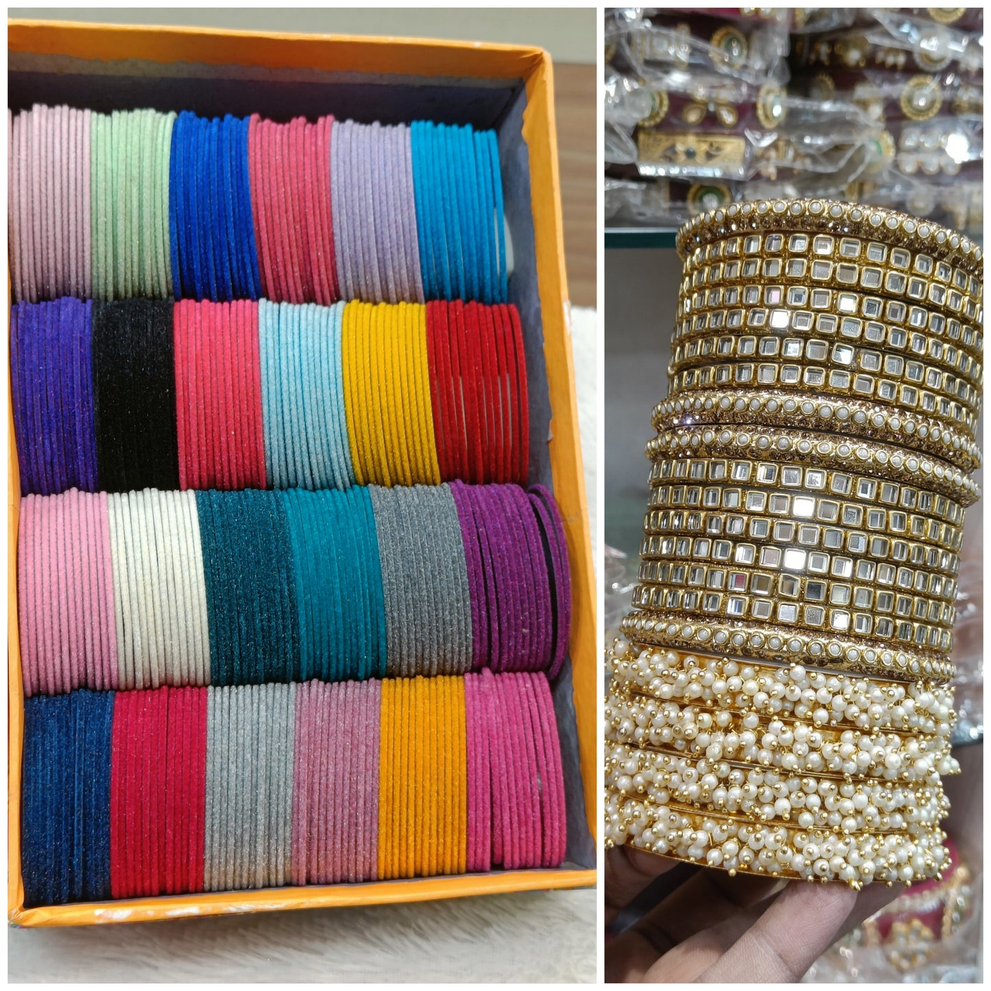 One of the Best seller combo
24 DOZEN bangles
4 pc lahariya
12 pc choki bangles
4 pc bindi chudi
Will come with thermocol proper packing