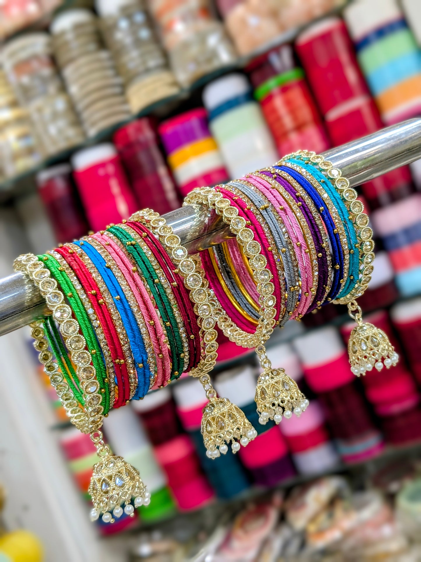 ✨ Multicolor Thread Bangles Set with Golden Jhumka