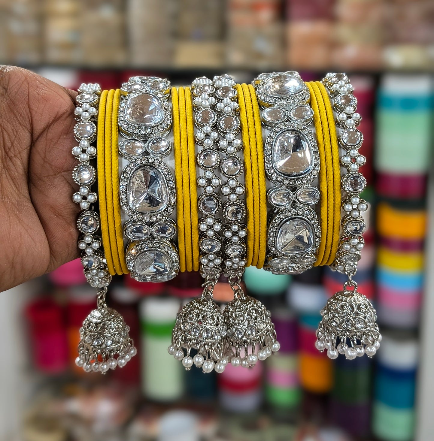✨ Silver Jhumka Bangles with Kundan & Color Touch ✨