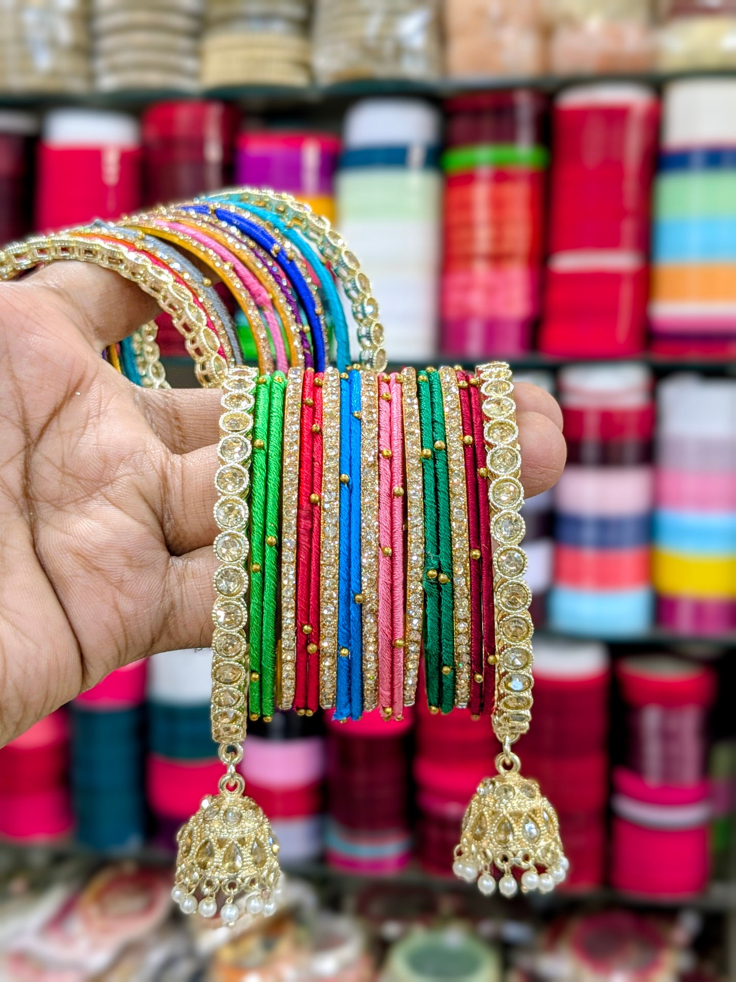✨ Multicolor Thread Bangles Set with Golden Jhumka