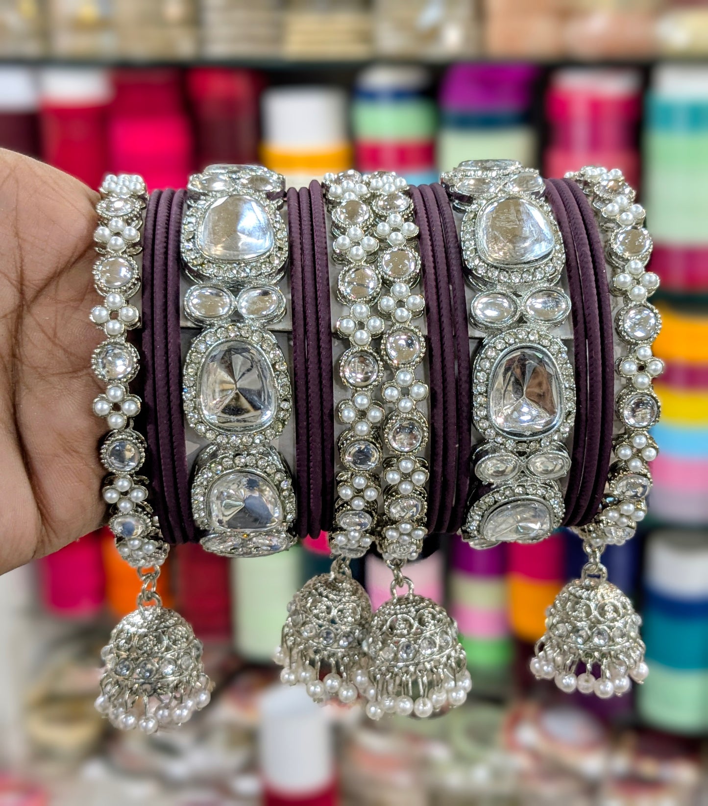 ✨ Silver Jhumka Bangles with Kundan & Color Touch ✨