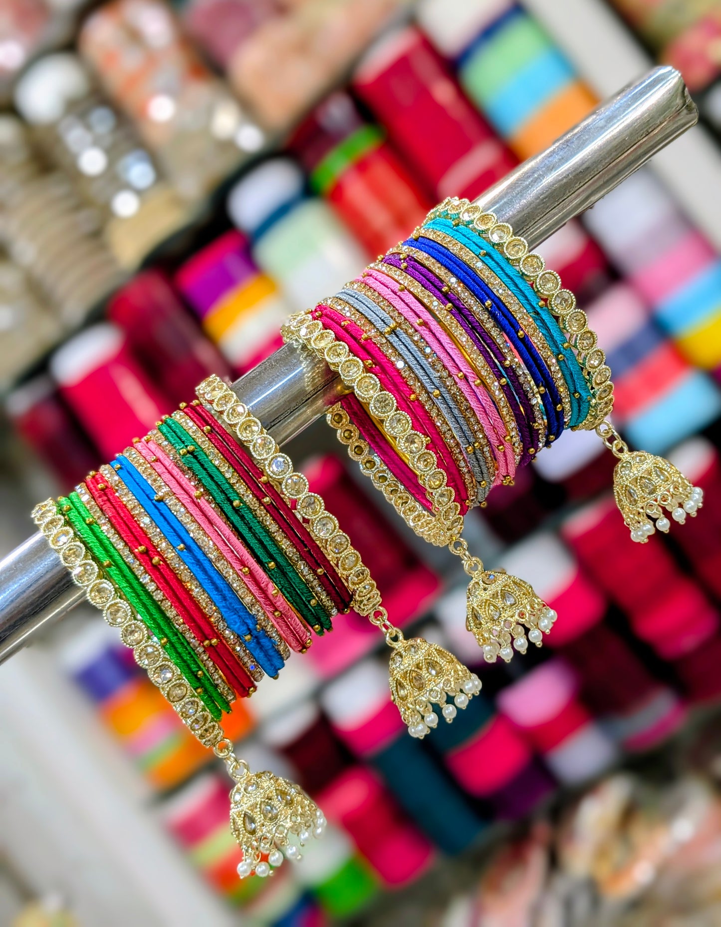 ✨ Multicolor Thread Bangles Set with Golden Jhumka