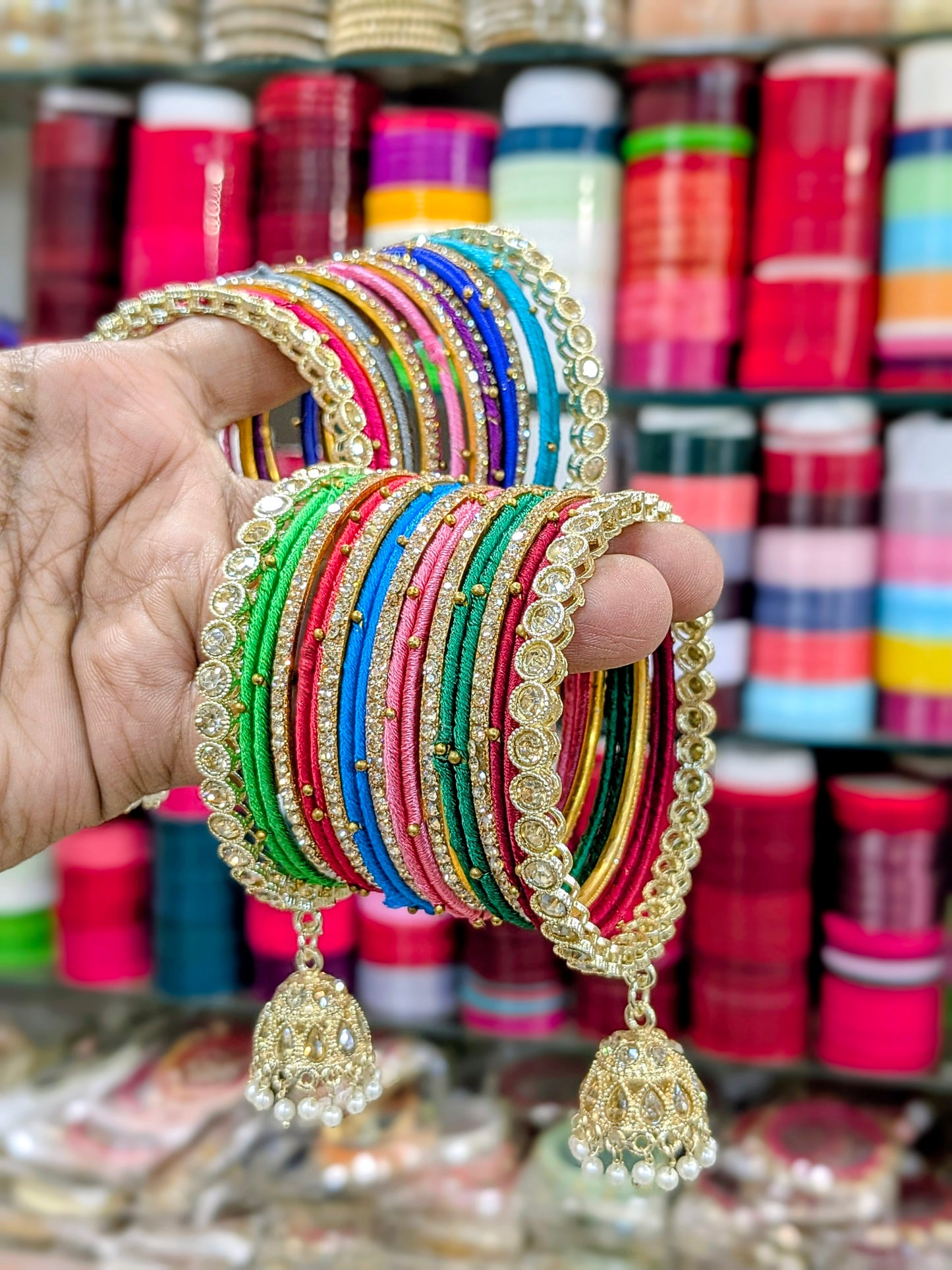 ✨ Multicolor Thread Bangles Set with Golden Jhumka
