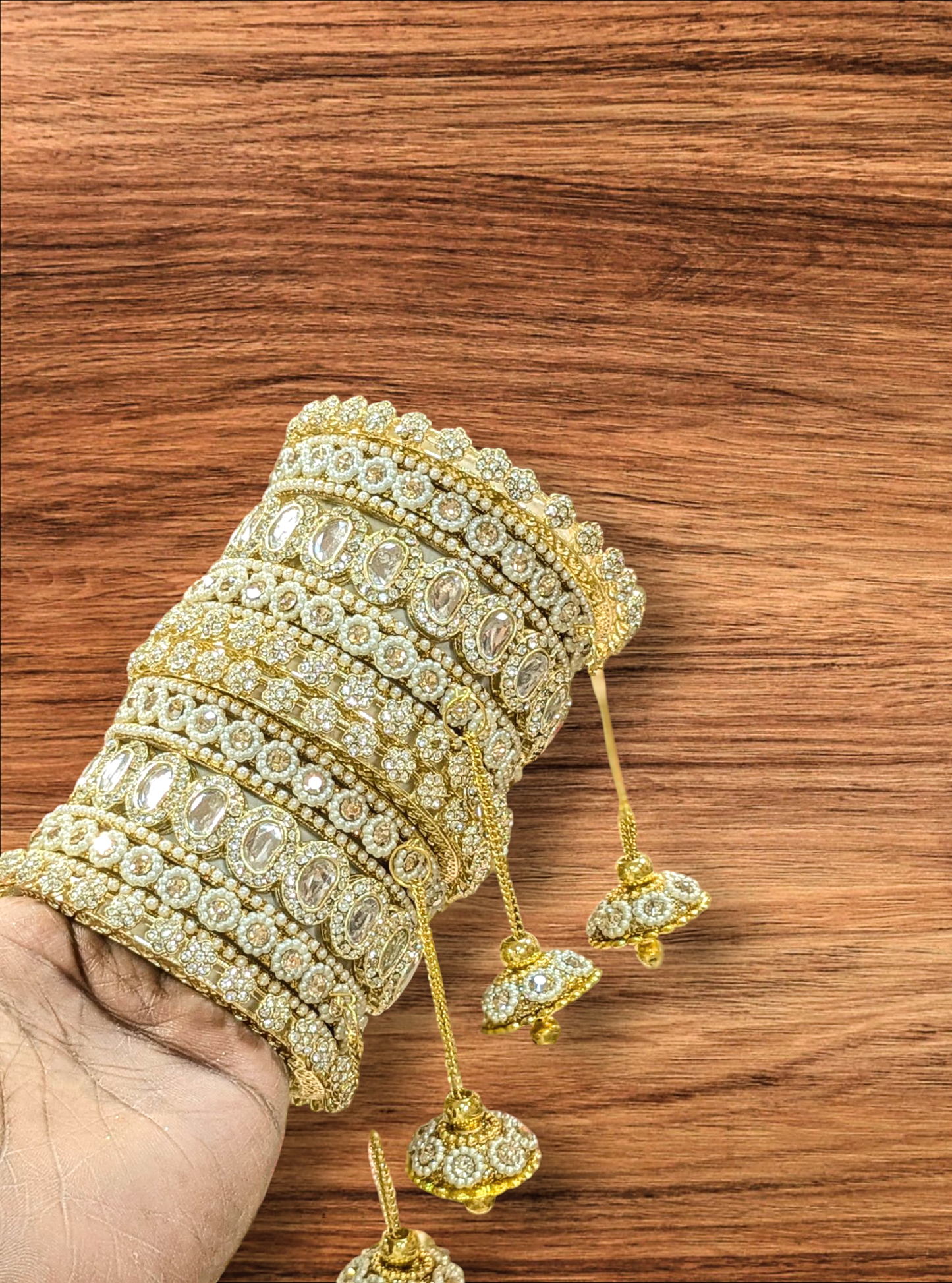 Golden pearl bangles set with jhumka