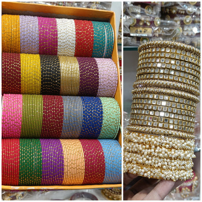 One of the Best seller combo 


24 DOZEN bangles 

4 pc lahariya 

12 pc choki bangles 

4 pc bindi chudi 

Will come with thermocol proper packing