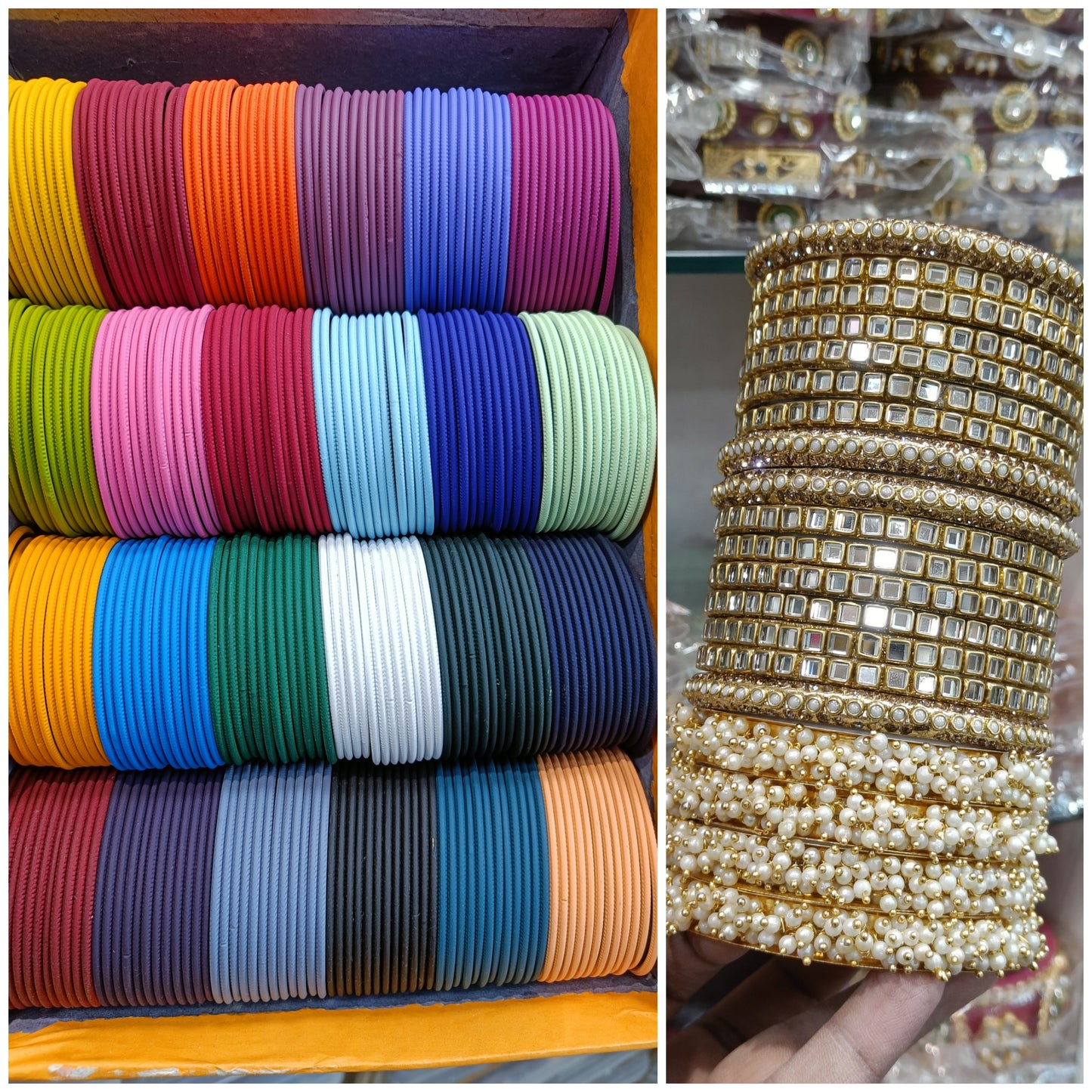 One of the Best seller combo 


24 DOZEN bangles 

4 pc lahariya 

12 pc choki bangles 

4 pc bindi chudi 

Will come with thermocol proper packing