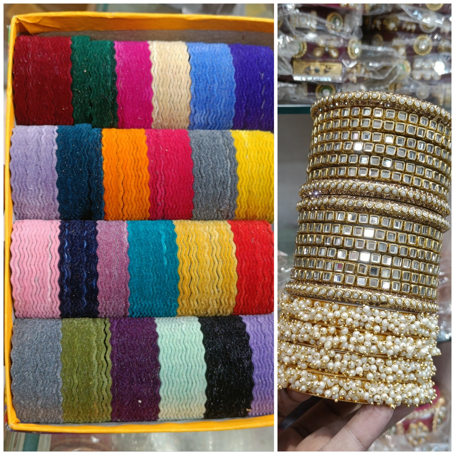 One of the Best seller combo 


24 DOZEN bangles 

4 pc lahariya 

12 pc choki bangles 

4 pc bindi chudi 

Will come with thermocol proper packing