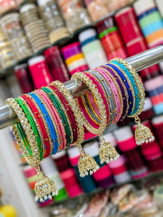 ✨ Multicolor Thread Bangles Set with Golden Jhumka