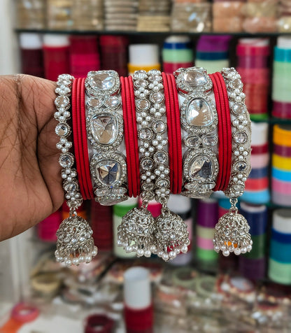 ✨ Silver Jhumka Bangles with Kundan & Color Touch ✨