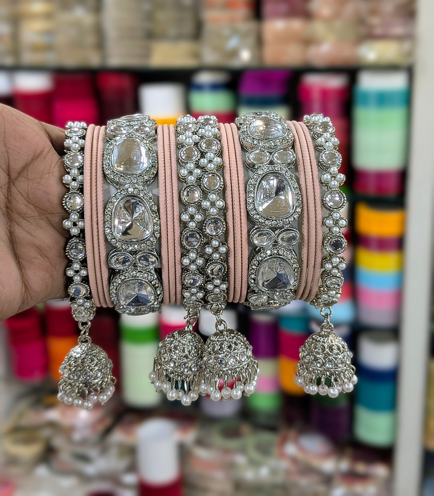 ✨ Silver Jhumka Bangles with Kundan & Color Touch ✨