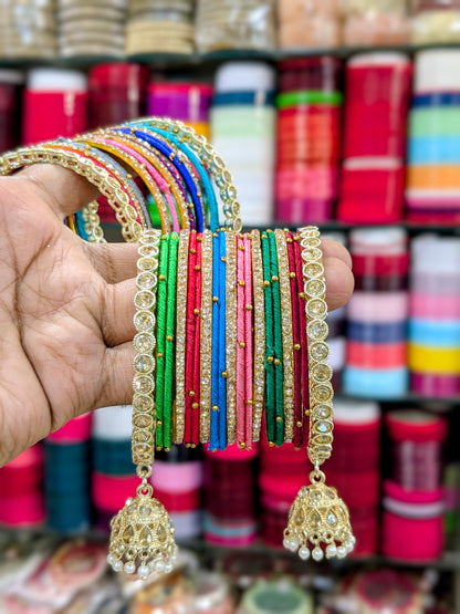 ✨ Multicolor Thread Bangles Set with Golden Jhumka