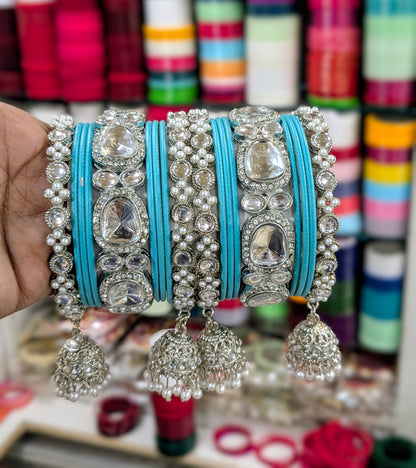 ✨ Silver Jhumka Bangles with Kundan & Color Touch ✨