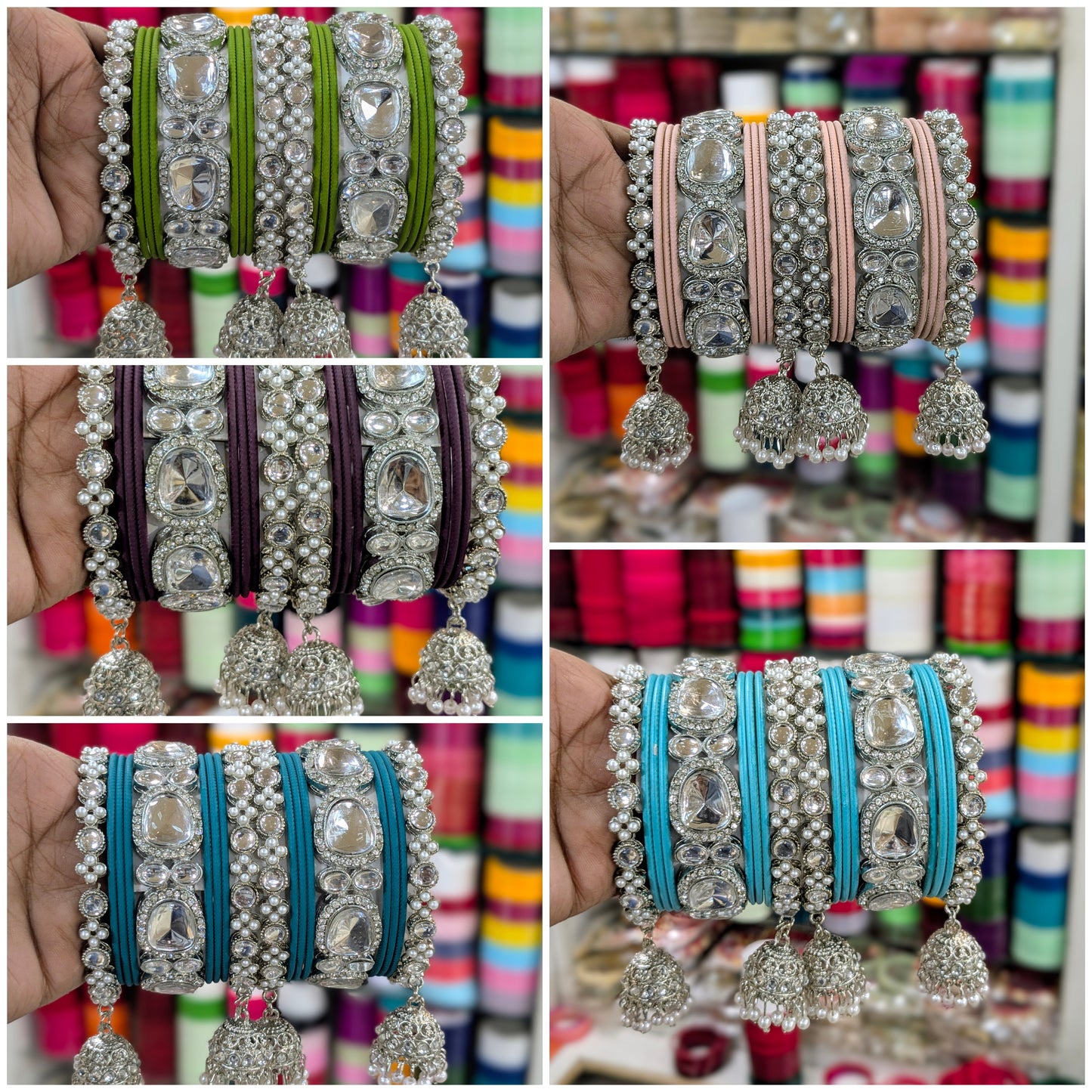 ✨ Silver Jhumka Bangles with Kundan & Color Touch ✨