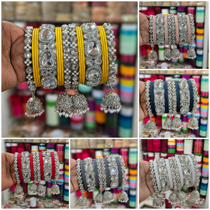✨ Silver Jhumka Bangles with Kundan & Color Touch ✨