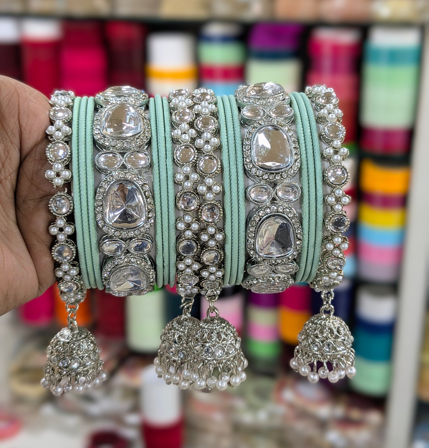 ✨ Silver Jhumka Bangles with Kundan & Color Touch ✨