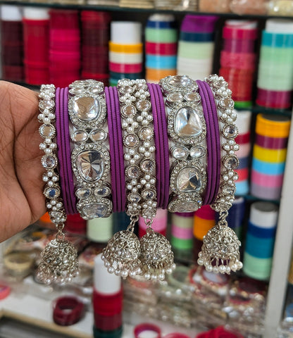 ✨ Silver Jhumka Bangles with Kundan & Color Touch ✨