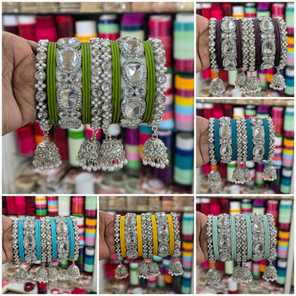 ✨ Silver Jhumka Bangles with Kundan & Color Touch ✨