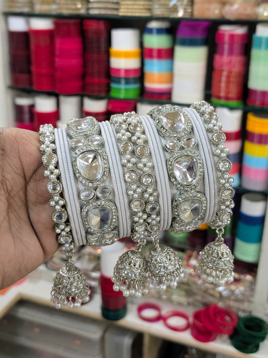 ✨ Silver Jhumka Bangles with Kundan & Color Touch ✨