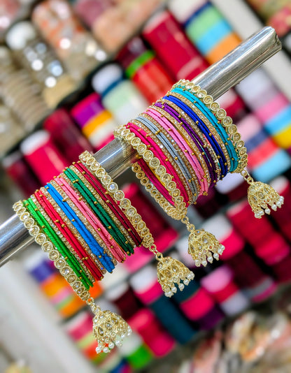 ✨ Multicolor Thread Bangles Set with Golden Jhumka