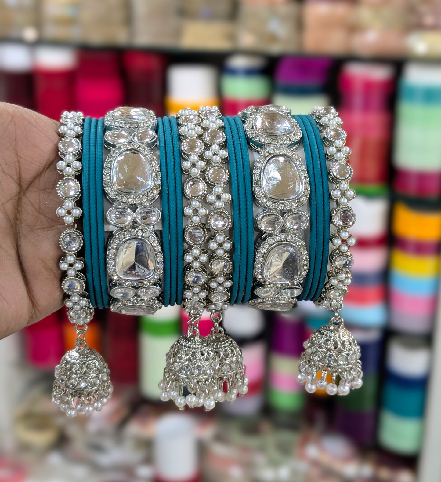 ✨ Silver Jhumka Bangles with Kundan & Color Touch ✨