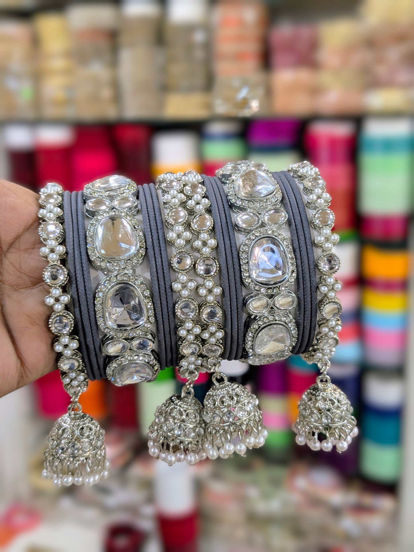 ✨ Silver Jhumka Bangles with Kundan & Color Touch ✨