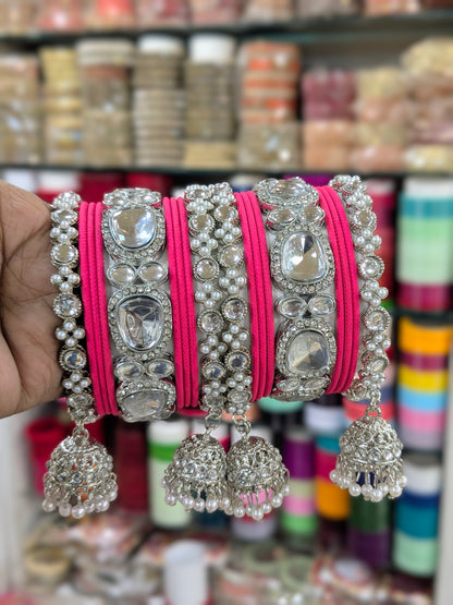 ✨ Silver Jhumka Bangles with Kundan & Color Touch ✨